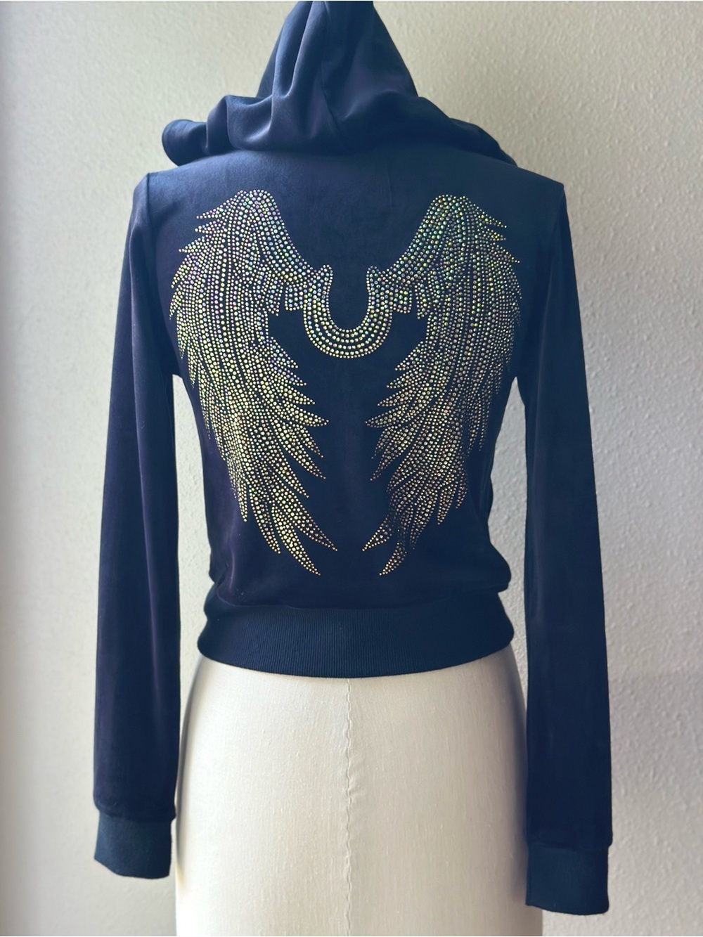 True Religion Women Black Velour Full Zip Hoodie Angel Wing Crystals Y2K S